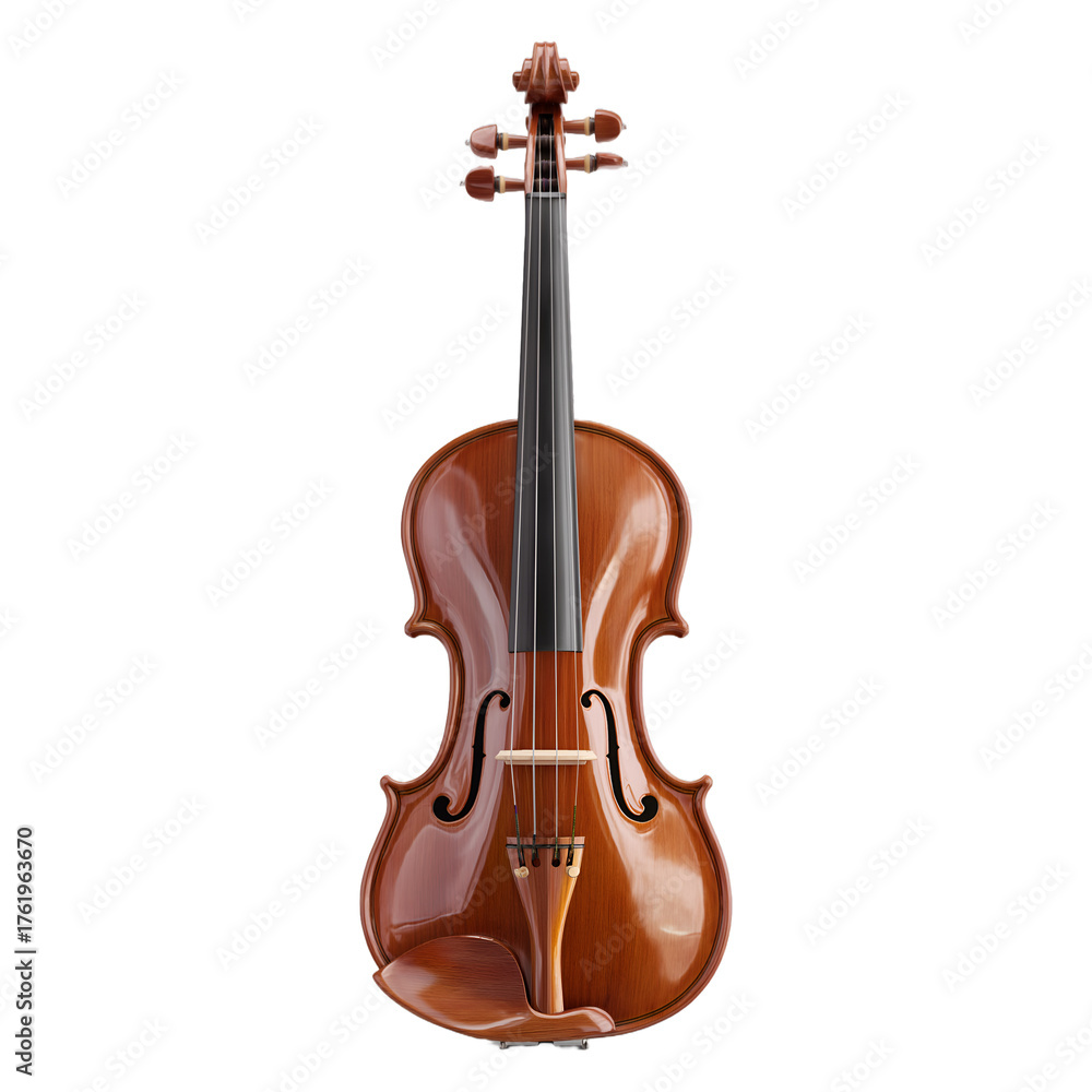 Obraz premium Elegant, glossy wooden violin or fiddle with a warm brown finish and black fingerboard, centered and isolated on a transparent background