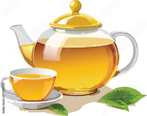 Tea Time A Cozy Pot and Cup with Fresh Leaves