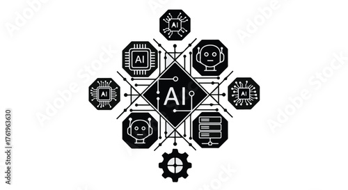 Intricate AI network design with robotic heads, circuits, and data servers symbolizing artificial intelligence evolution