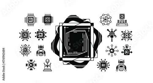 Futuristic technology and robotics icons arranged around a central abstract design.