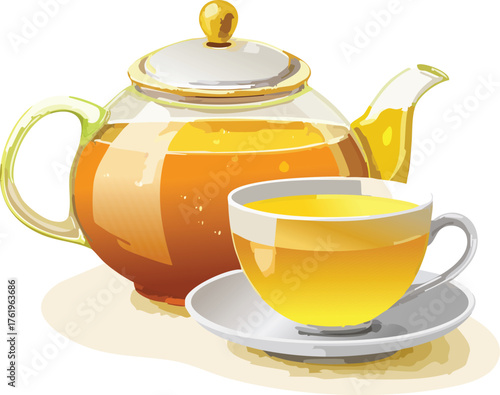 Glass teapot with a cup of hot tea vector graphic