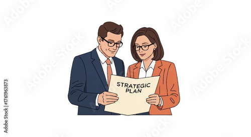 Two business colleagues, a man and woman, review a strategic plan document together, both wearing glasses and professional attire.