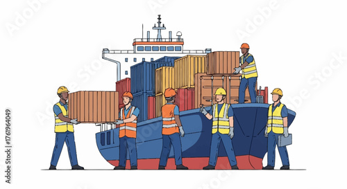 Illustration depicting dock workers loading cargo containers onto a large ocean-going freighter ship.