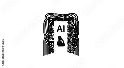 Silhouette of a person contemplating AI technology through an electronic gateway.