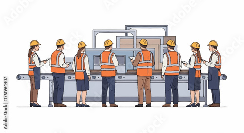 A team of factory workers inspecting a production line, wearing safety vests and hard hats.