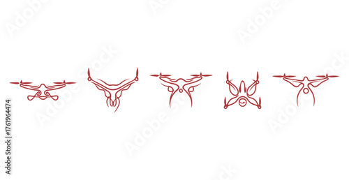 Continuous Line Art Set of Modern Drone Quadcopter Technology Icons in Red Outline