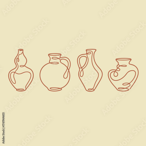 Continuous Line Drawing Set of Clay Pottery and Antique Vases on Cream Background