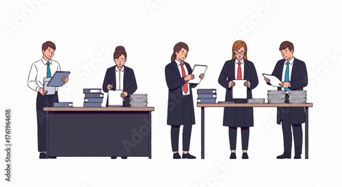 Five business professionals stand at desks, reviewing documents and stacks of paperwork, in a clean, modern office setting.