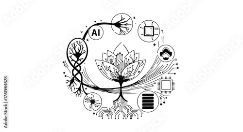 Abstract illustration of AI and technology intertwined with nature's growth and intelligence