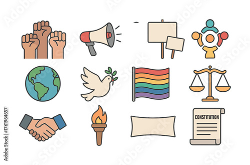 Symbols of human rights and social justice: equality, peace, freedom, and unity
