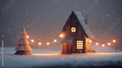 Cozy wooden cabin nestled in a snowy landscape illuminated by warm string lights and a glowing window