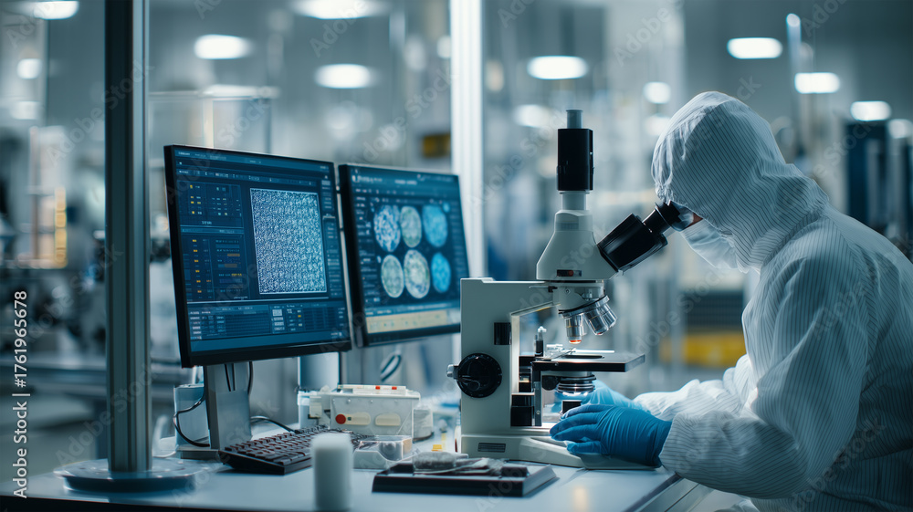 Naklejka premium 日本人のシニア研究者が作業台でデータ画面を確認しながら操作を行う