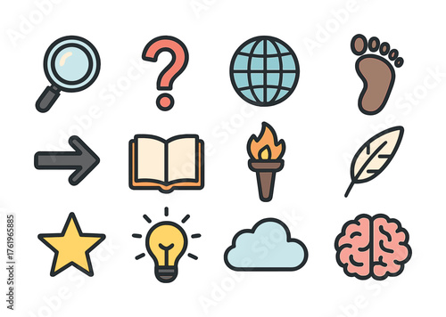 Icons set featuring magnifying glass, question mark, globe, footprint, arrow, book, torch, feather, star, light bulb, cloud, brain