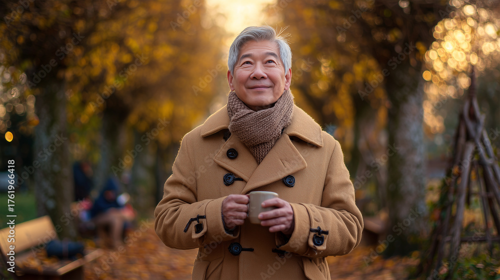 Fototapeta premium 男性が落ち葉舞う公園でキャメルのダッフルを着てマグを両手で包む