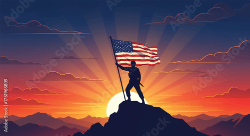 Silhouette of a person holding an American flag on a mountain peak at sunset with vibrant orange and blue hues.