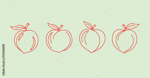 Continuous Line Art Drawing Set of Peaches. Minimalist Contour Vector Icons of Summer Fruit.