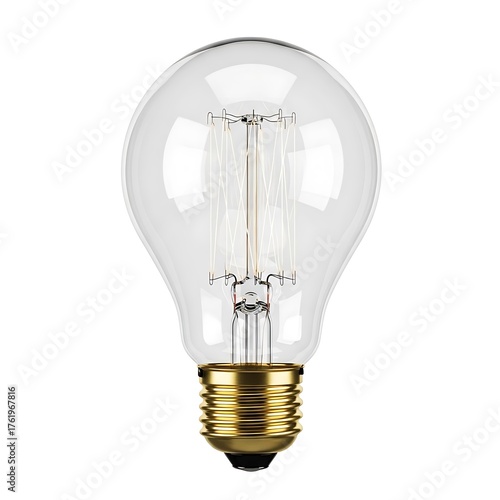 Clear Incandescent Light Bulb with Visible Filament on White Background.
