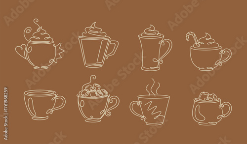 Hot Chocolate Coffee Drink Minimalist One-Line Continuous Drawing Cups