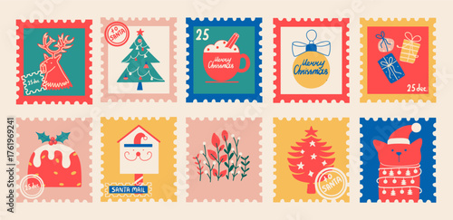 Christmas stamps with vintage elements, mailbox, cat, wreath, reindeer and gifts. New Year hand-drawn vector set. Retro Xmas cards.