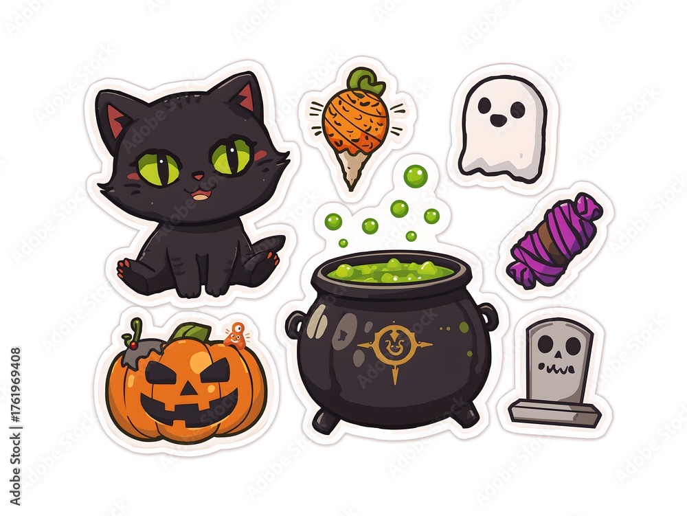 Fototapeta premium Halloween themed Stickers pack, featuring a cute black cat and various related illustrations. The pack contains spooky elements such as a jack-o-lantern and a cauldron