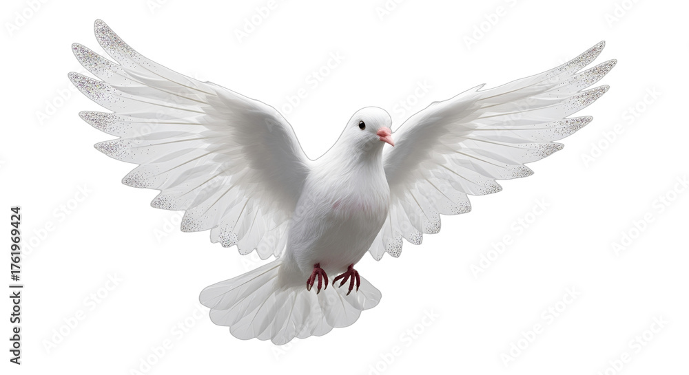 Obraz premium Peaceful white dove in graceful flight, wings spread, symbolizing hope, purity, and new beginnings. Ideal for wedding designs, baptism invitations, memorial programs, religious holidays,