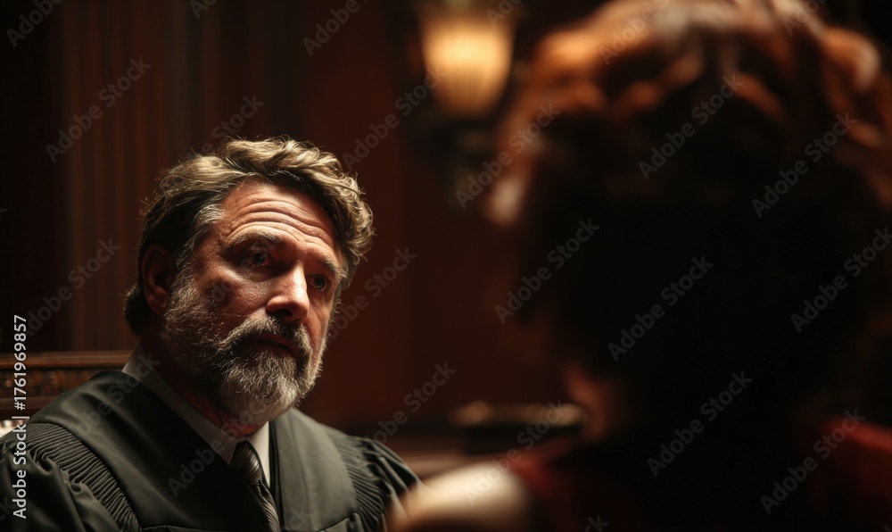 Fototapeta premium Judge in Courtroom - Serious Expression, Legal Proceedings, Justice.