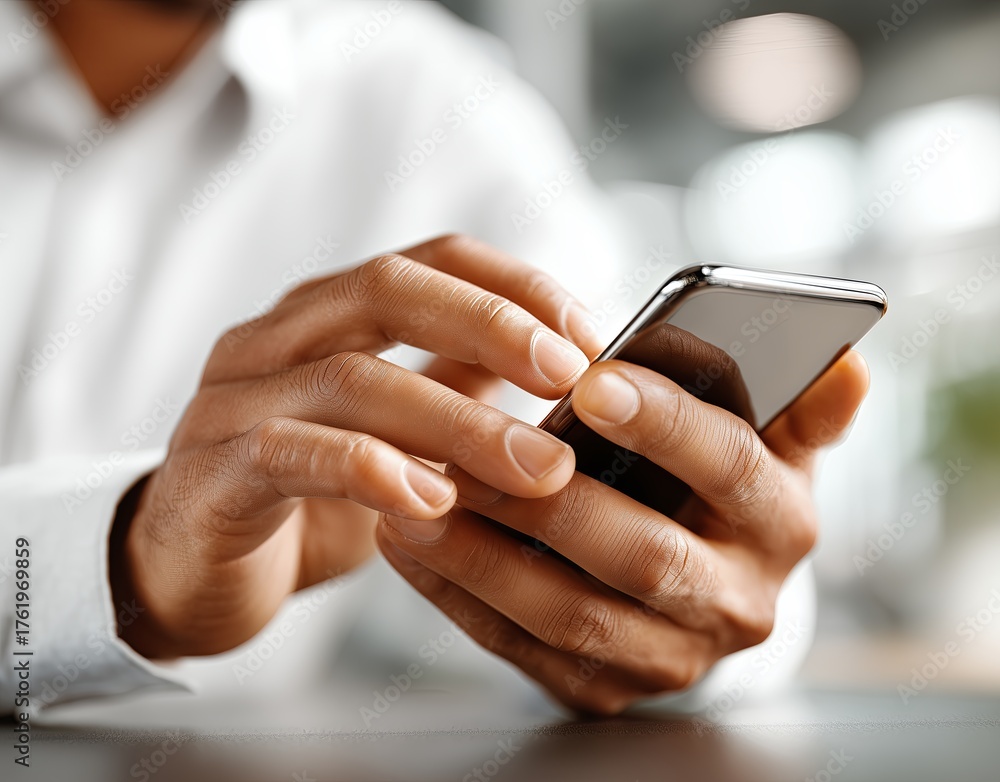 Fototapeta premium African American man using smartphone with focused expression, showcasing modern technology in a bright workspace, emphasizing communication and connectivity