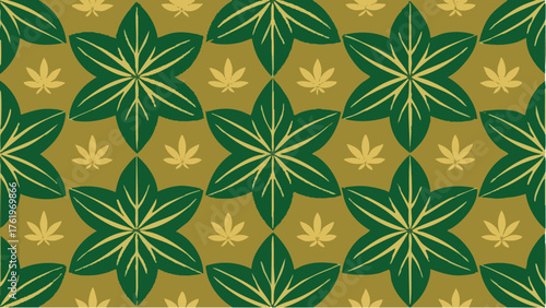 Green and gold vintage cannabis leaf repeat pattern wallpaper creating classic feel