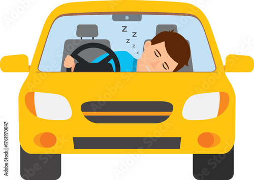 A man driver falls asleep while driving a vehicle. A male driver dozing at the wheel of a car. Danger of Drowsy Driving, Unsafe driving, Dangerous behavior concept. Vector illustration