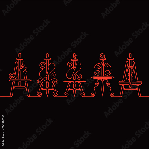 Art Easel Continuous Line Drawing Set. One Line Art Painting Stand Vector Illustrations on Black Background.