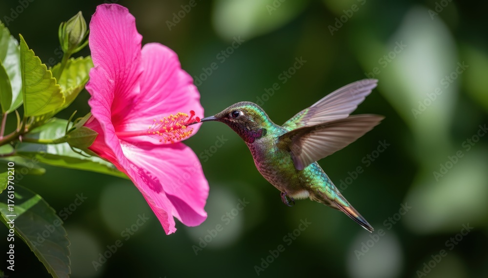 Naklejka premium Tiny iridescent hummingbird hovering to drink nectar from a hibiscus