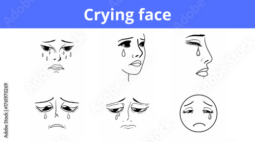 Crying faces illustrations with various expressions and emotions  