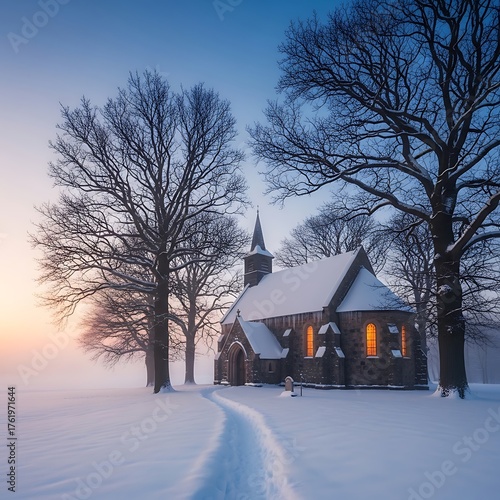 Winter Serenity - A Snow-Covered Chapel at Dusk.