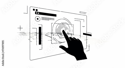 Hand interacting with futuristic holographic interface, technological innovation concept