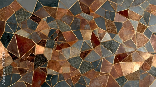 Abstract mosaic of geometric shapes in brown, gray, and copper tones