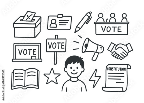 Election icons set featuring ballot boxes, voter id, and diverse voting symbols