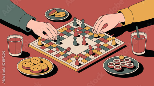 Two people s hands playing a colorful board game with snacks and drinks on a table enjoying leisure time together