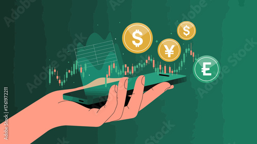 Hand holding smartphone displaying stock market trading charts and currency symbols representing global finance and investment opportunities