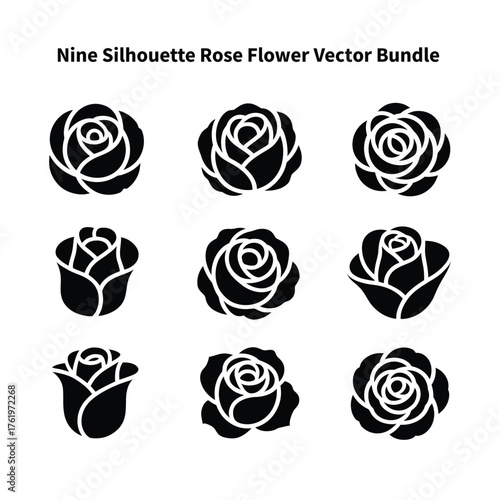 Nine Silhouette Rose Flower Vector Bundle: A stunning collection of nine stylized rose silhouettes, rendered in stark black lines.
