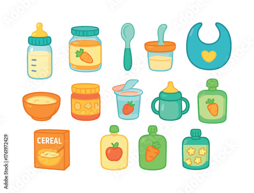 Assorted baby food items and utensils for feeding and mealtime