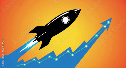Black rocket soaring upwards on a blue graph, symbolizing growth and success against a vibrant orange background.