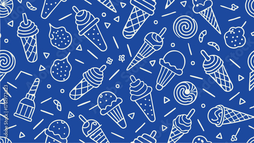 Sweet Summer Dreams: A Whimsical Ice Cream and Candy Pattern Design on Blue Background