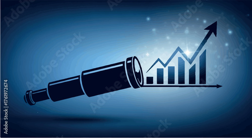 Telescope focusing on a rising business graph, symbolizing future growth and opportunity.