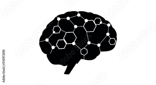 Abstract representation of a human brain with interconnected nodes and hexagonal shapes, symbolizing thought and neural networks.