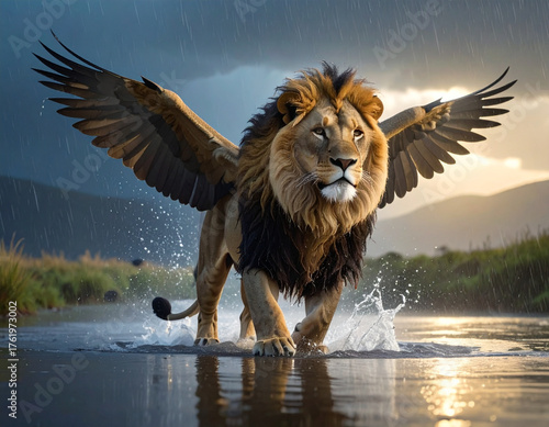 A majestic hybrid creature combining a lion with bat wings and a phoenix tail, rendered in ultra-detailed fantasy digital art style. Epic lighting, cinematic atmosphere, and powerful elemental energy