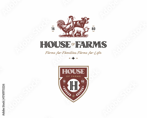 old dairy farmland cow, duck, chicken farm livestock logo 