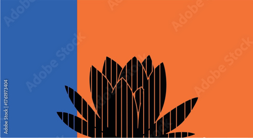 Bold graphic illustration of a stylized black lotus flower against a vibrant split background of blue and orange.