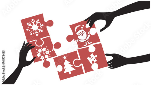 Holiday Puzzle Hands Christmas Icons Teamwork Silhouette, Illustration of multiple hands assembling red puzzle pieces, each featuring distinct Christmas icons such as snowflakes, Santa Claus, 