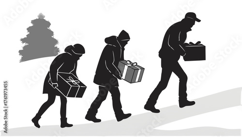 People Walking Uphill Gifts Christmas Presents Silhouette, Illustration depicting three individuals in winter clothing walking uphill, each carrying wrapped Christmas presents