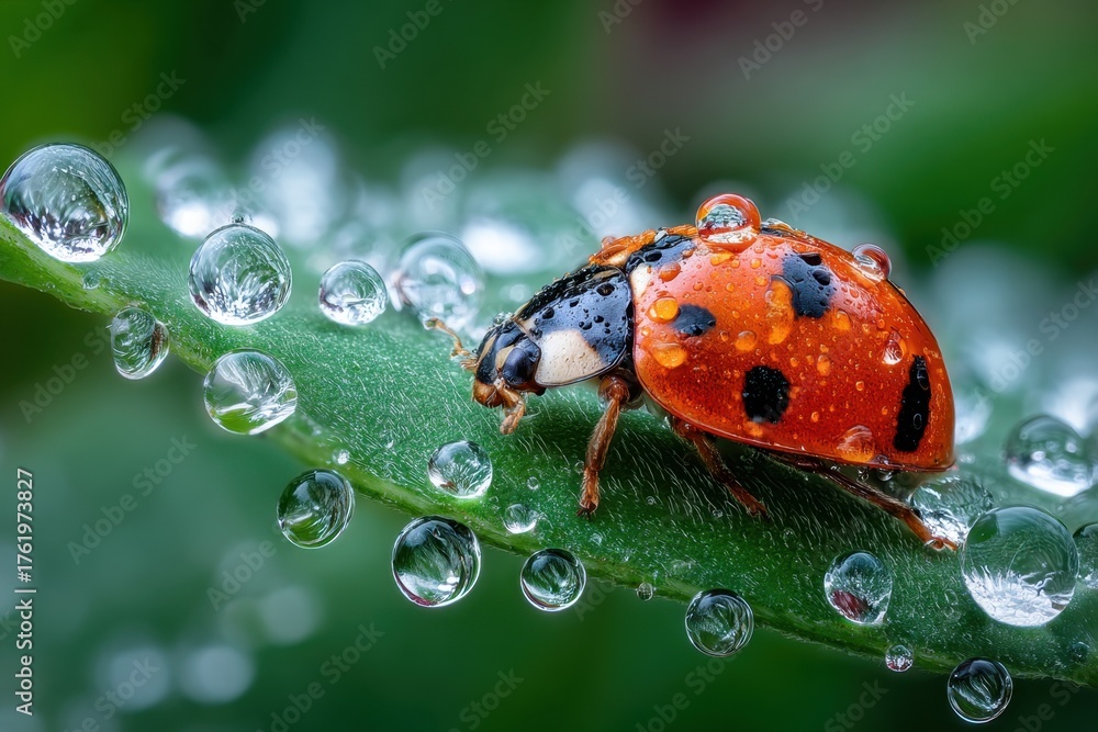 Obraz premium Ladybug on a Dewy Leaf Close Up